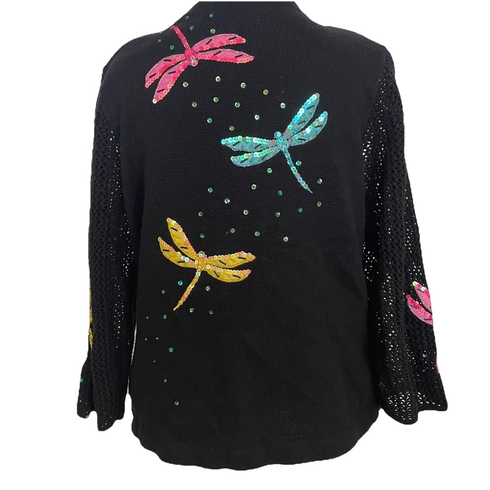 DESIGN OPTIONS Philip‎ & Jane Gordon Black Cardigan Sweater Sequin Dragonfly VTG - Picture 6 of 12